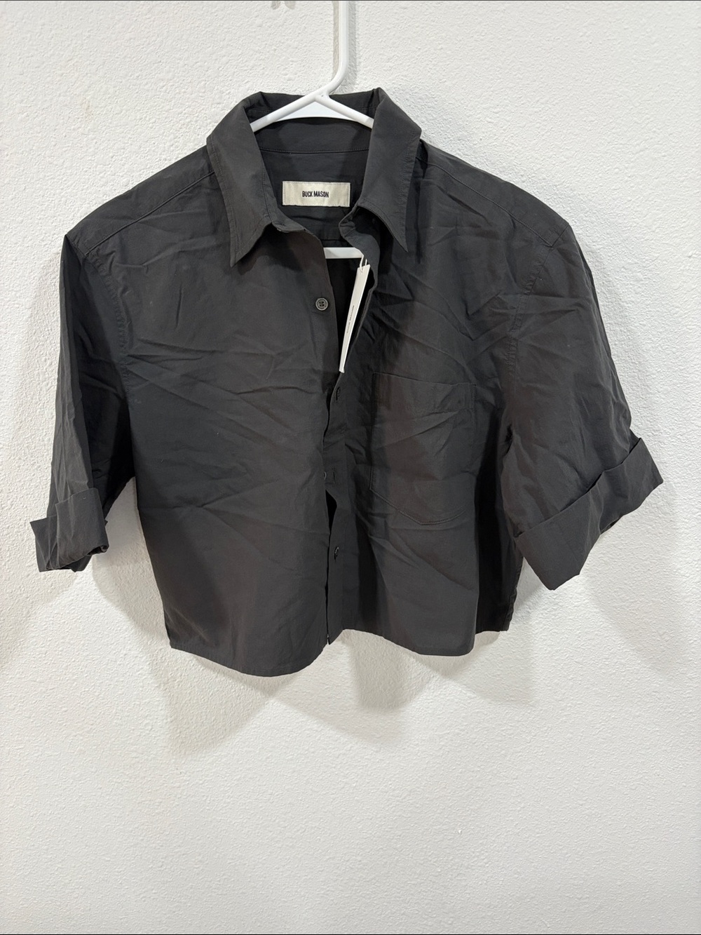 Buck Mason Washed Black Mainstay Cotton Cut-Off Short Sleeve Button Down XS $135